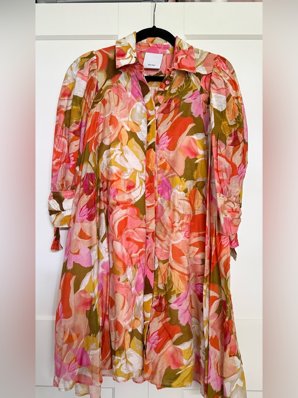 Acler Floral Button-Front mini Dress in Coral, Pink & Olive Green Au 6 fit US 02